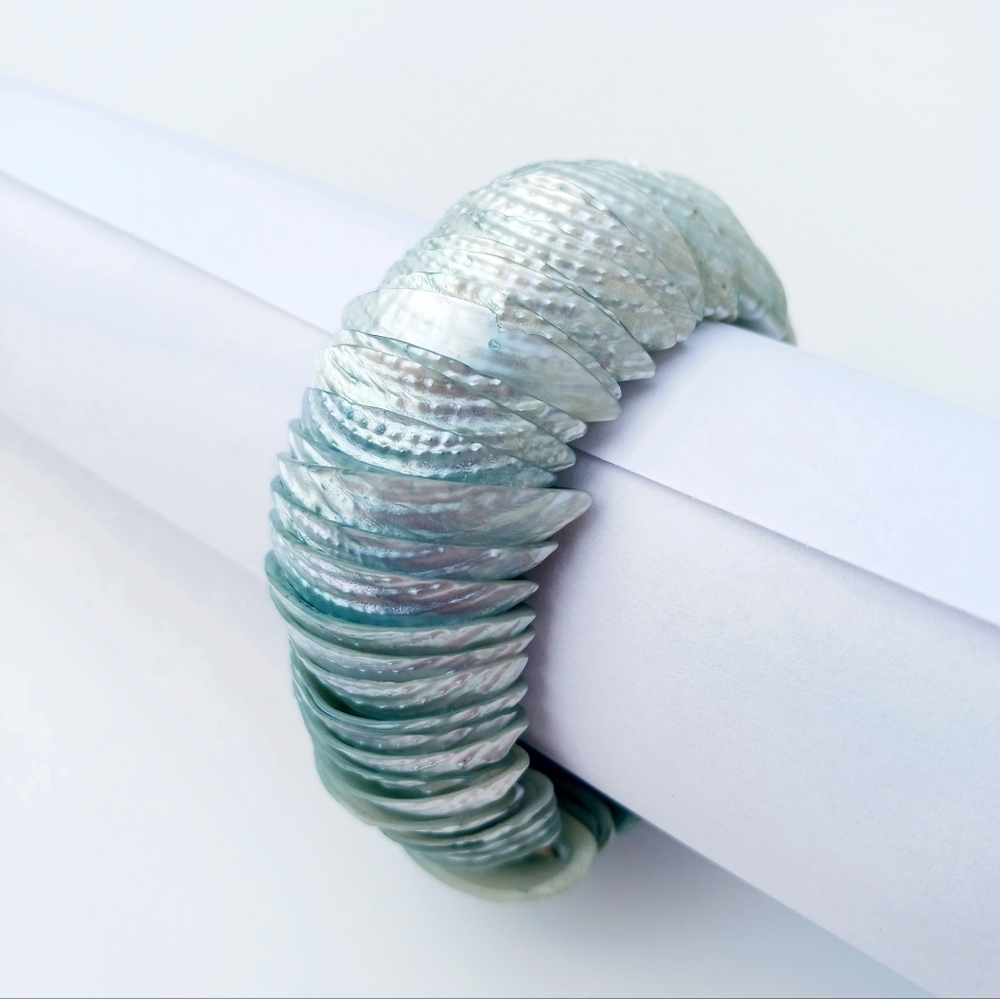Vintage Shell Bracelet Ice Blue Stretch Mother Of Pearl Nested Chunky